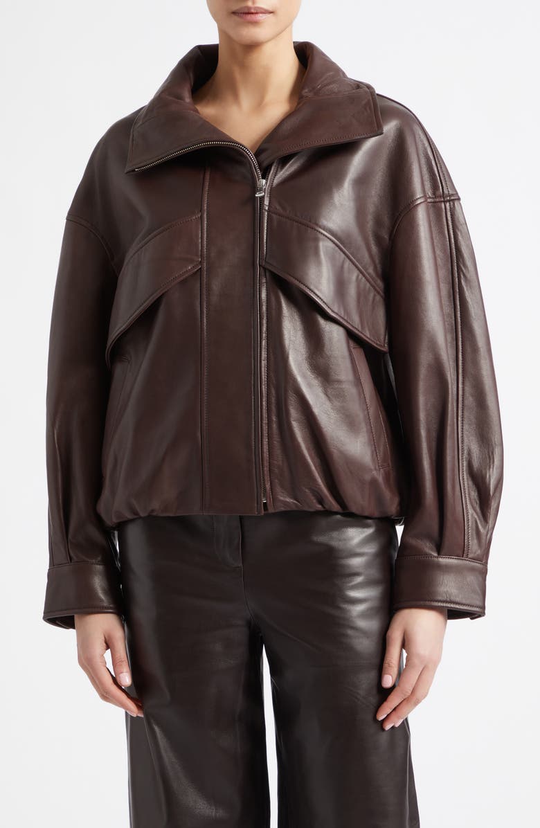 NOUR HAMMOUR Roland Sculpted Leather Bomber Jacket, Main, color, Brown