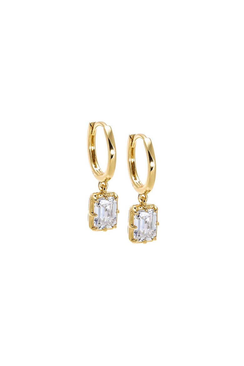 Moissanite Emerald Bezel Dangling Huggie Earring, Main, color, Gold