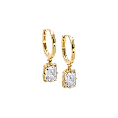 Moissanite Emerald Bezel Dangling Huggie Earring