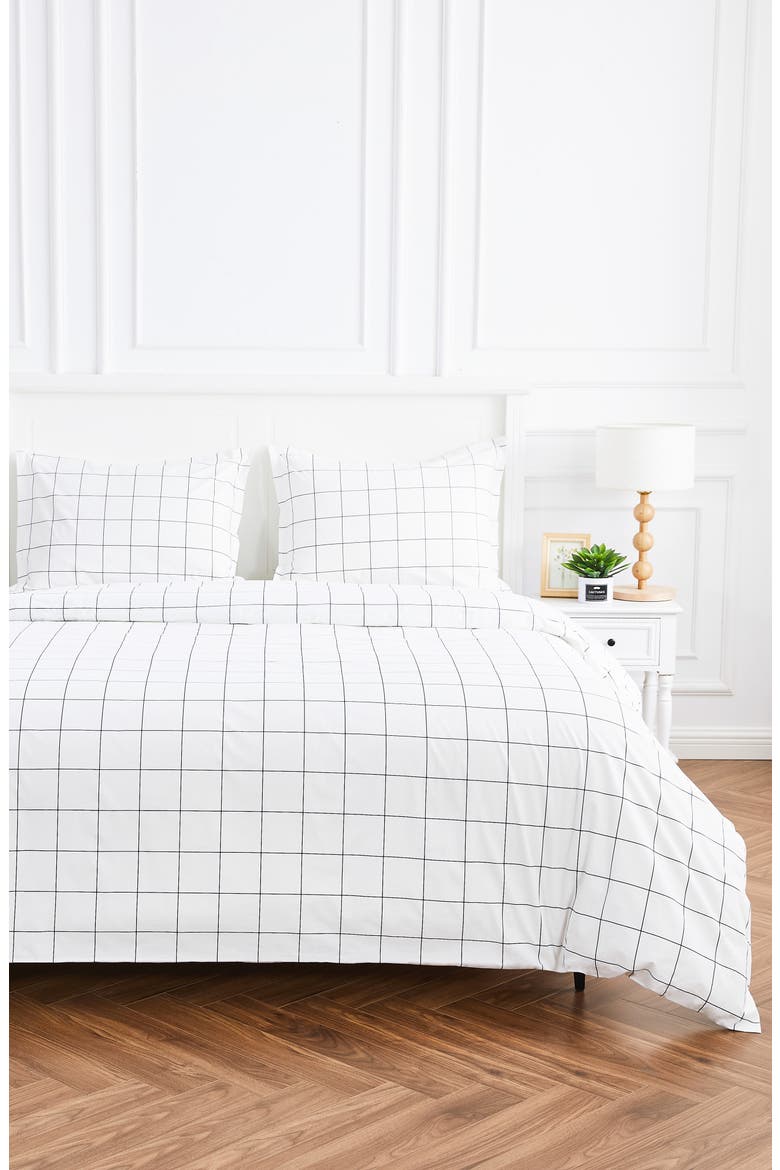 Percale Cotton Grid Duvet Set, Alternate, color, NAVY