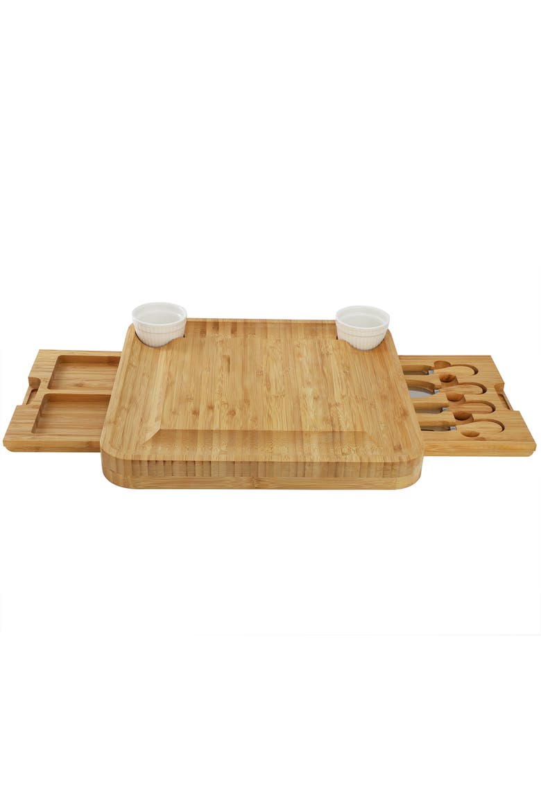 Wood Charcuterie Cheese Board Set with Ramekins and Slide Out Cutlery Drawer, Alternate, color, Bamboo