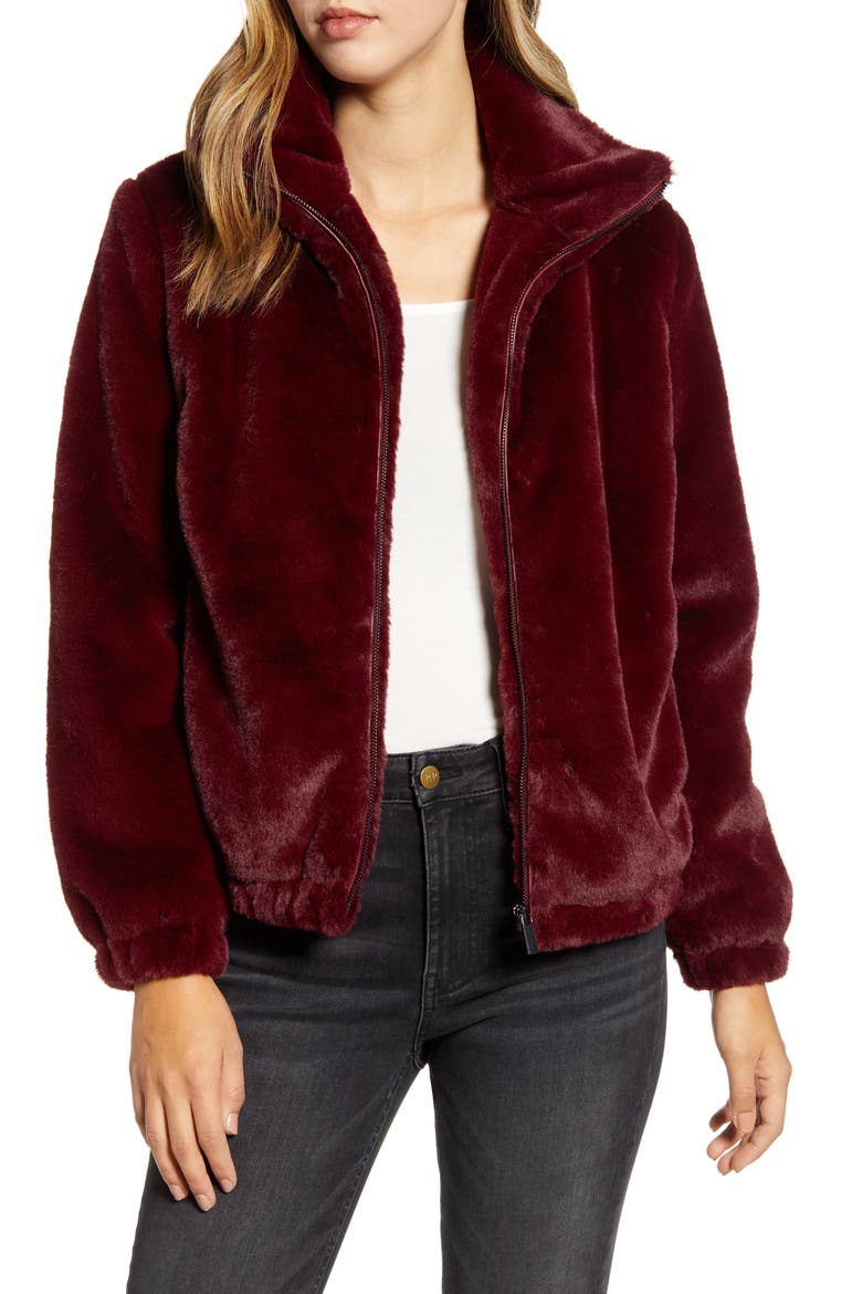 Faux Fur Bomber Jacket, Main, color, RED GRAPE