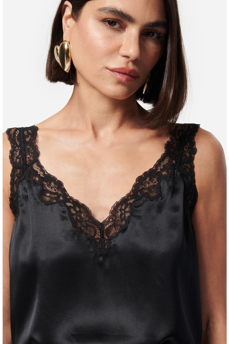 Fernanda Lace Trim Silk Charmeuse Tank, Alternate, color, BLACK