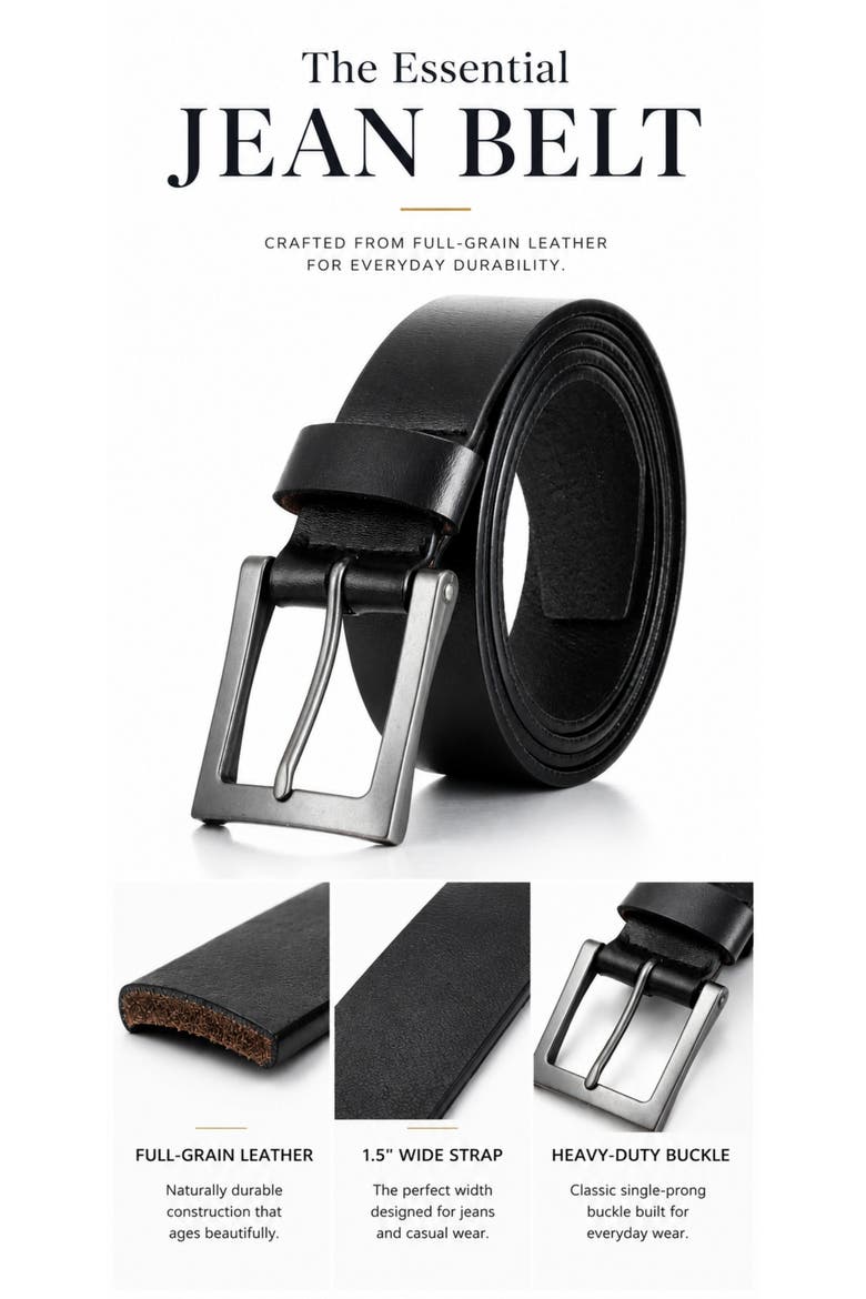 Full-Grain Leather Casual Jean Belt, Alternate, color, Deep Charcoal
