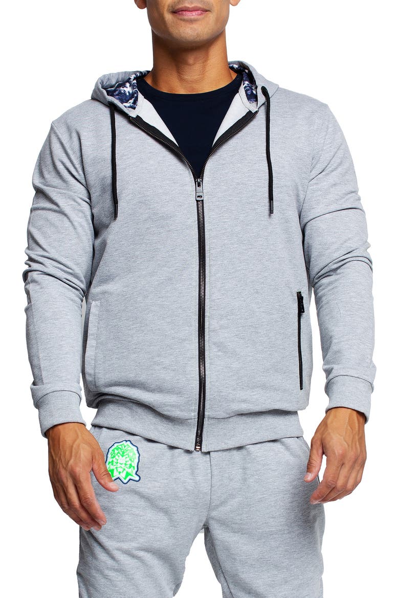 Tie Dye Detail Zip Front Stretch Cotton Fleece Hoodie, Main, color, GREY