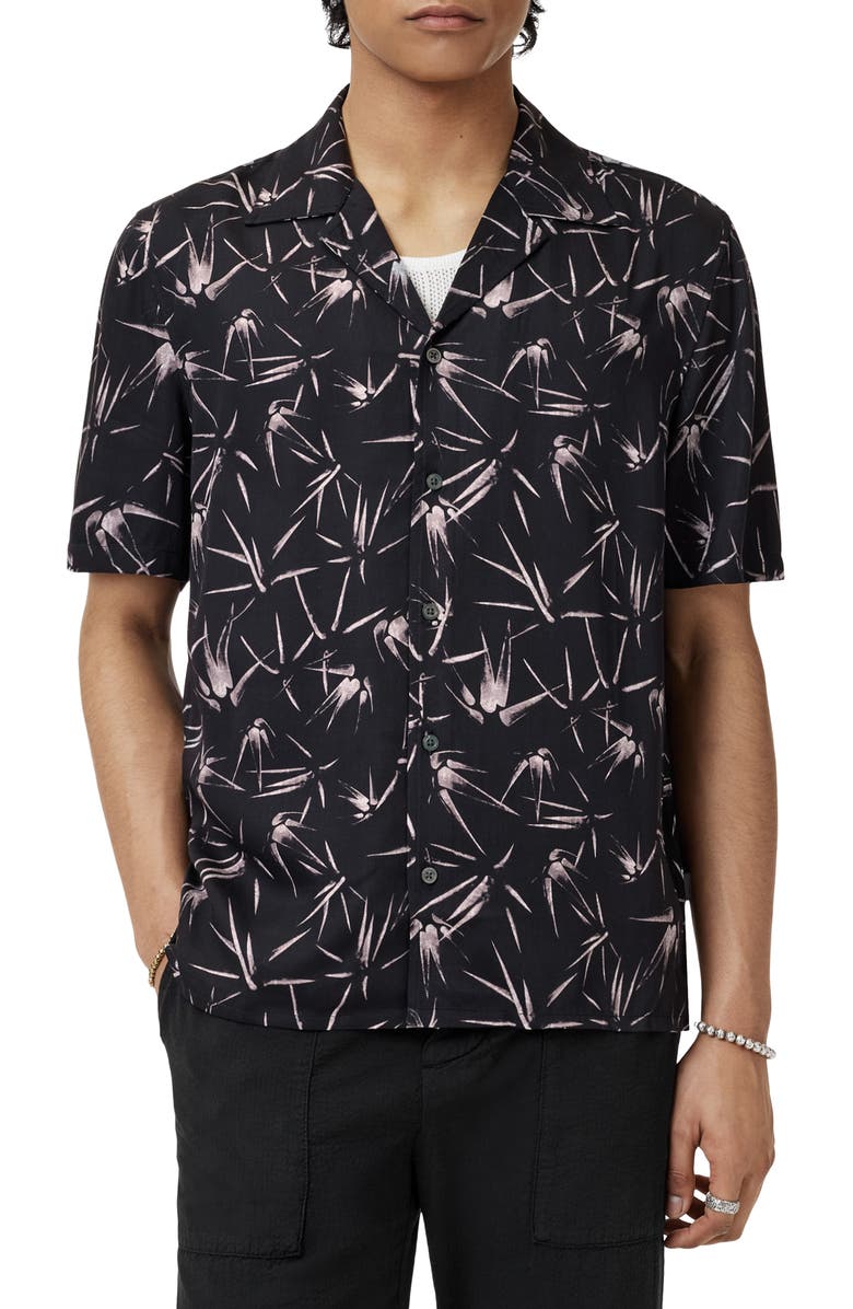 John Varvatos Dan Print Modal Camp Shirt, Main, color, Black