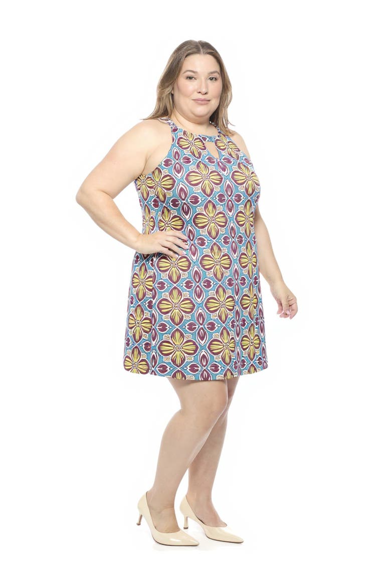 Plus Size Floral Knee Length Paisley Sleeveless Keyhole Dress, Alternate, color, Blue Multi