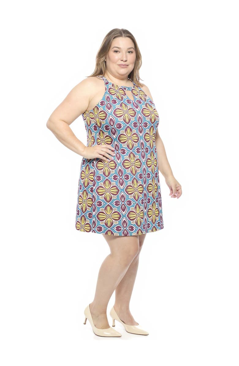 24seven Comfort Apparel Plus Size Floral Knee Length Paisley Sleeveless Keyhole Dress, Alternate, color, Blue Multi