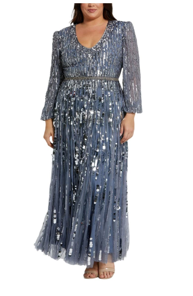 Mac Duggal Long Sleeve Beaded Crystal Deep V Neckline Gown, Alternate, color, Slate Blue