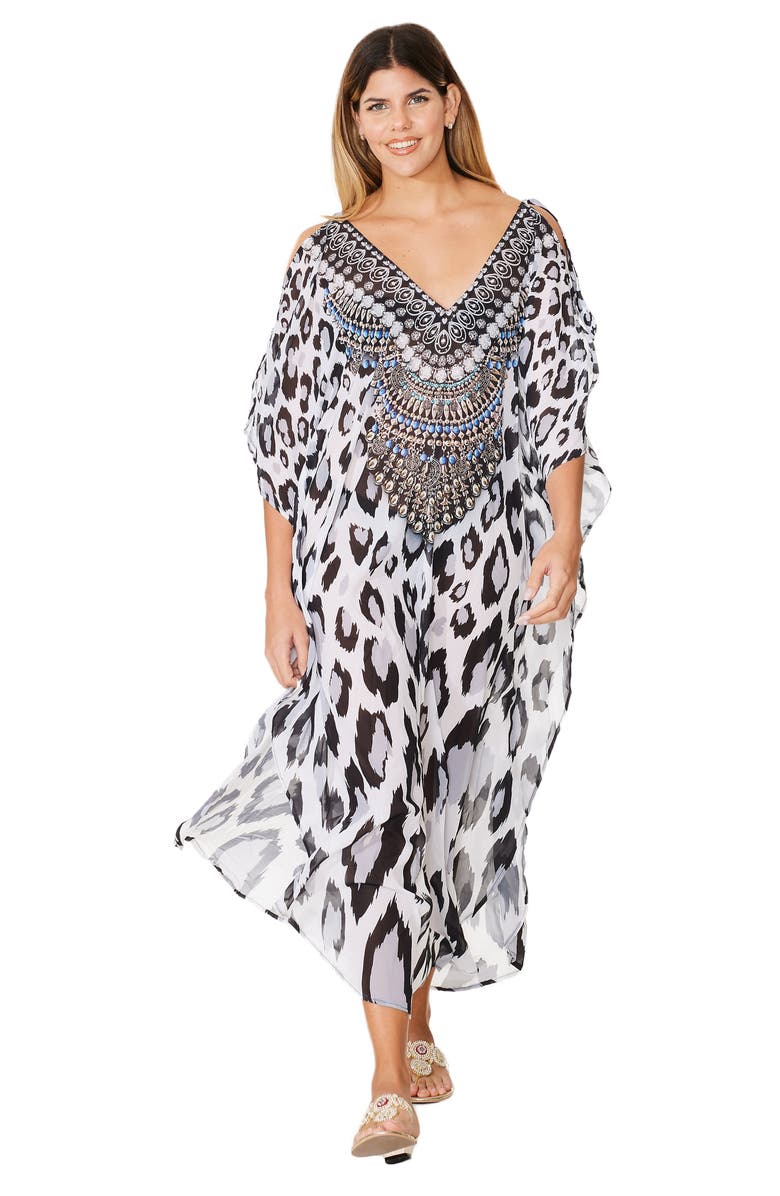 RANEES Leopard Long Kaftan, Alternate, color, Black And White