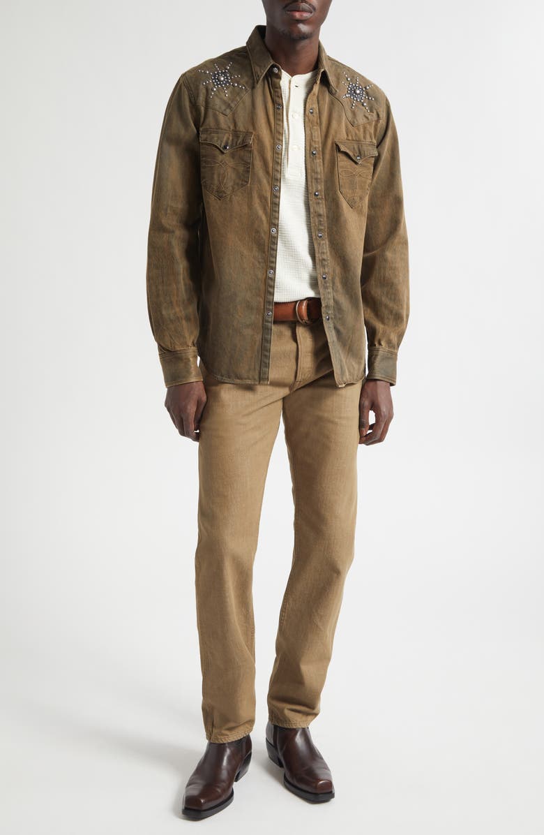 Double RL Buffalo West Slim Fit Studded Denim Western Snap-Up Shirt, Alternate, color, Distressed Brown Wash