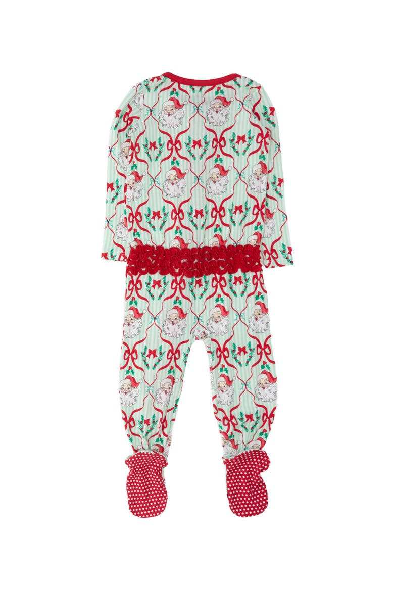 SoftSnooze Girls Holiday Ruffle One Piece Footie Pajamas, Alternate, color, Green Stripe Dear Santa