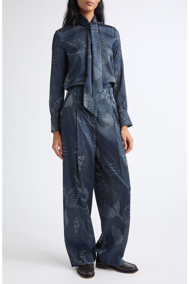 Dotted Floral Creponne Tie Neck Top, Alternate, color, SOLID BLUE NAVY