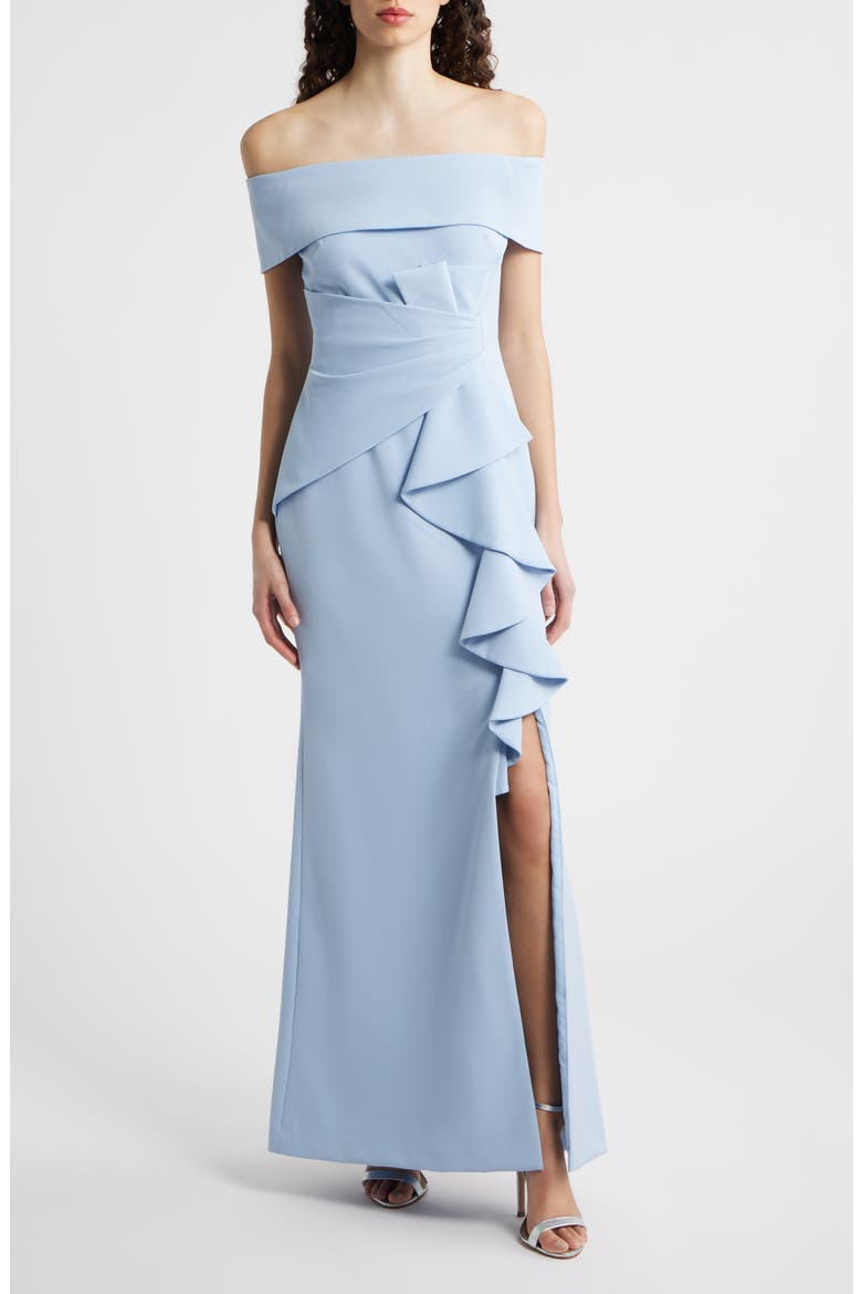 Cascade Ruffle Off the Shoulder Gown, Main, color, SKY