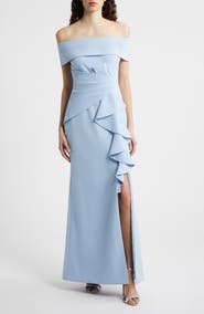 Eliza J Cascade Ruffle Off the Shoulder Gown