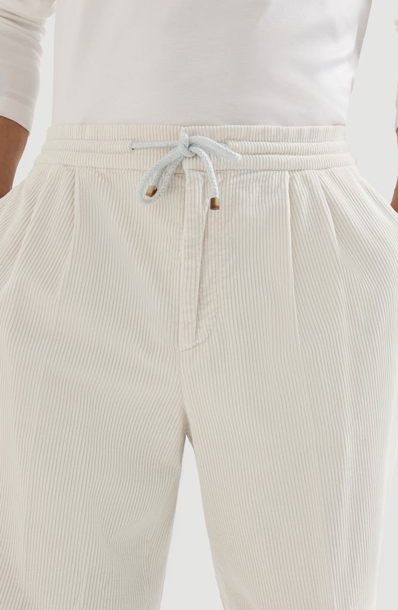 Brunello Cucinelli Garment-dyed trousers in cotton corduroy with drawstring and double pleats, Alternate, color, White
