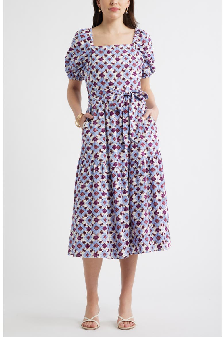Puff Sleeve Linen Blend Midi Dress, Main, color, IVORY- PURPLE MILLIE TILE