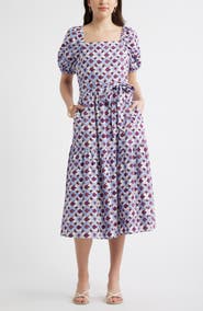 Caslon® Puff Sleeve Linen Blend Midi Dress