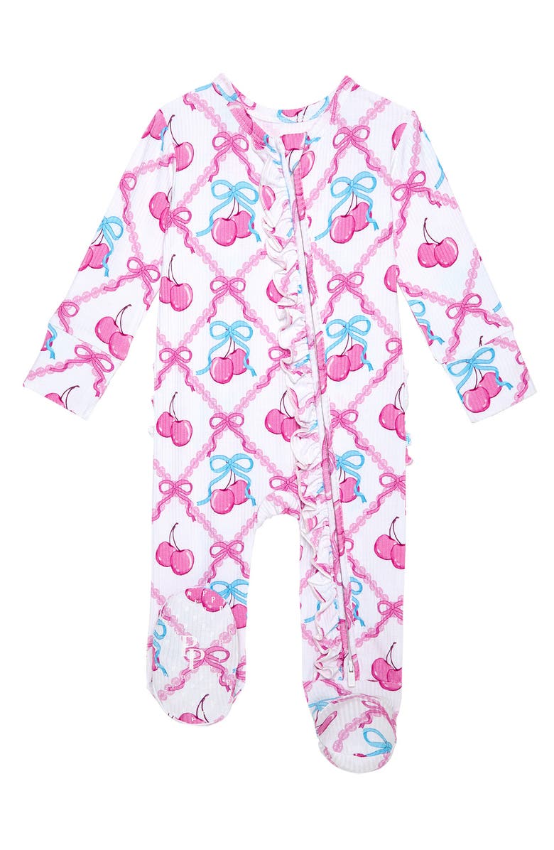Posh Peanut Ruffle Fitted Footie Pajamas, Main, color, Pink