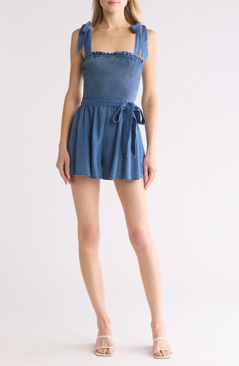 Alice + Olivia Roz Tie Strap Chambray Romper, Main, color, 
