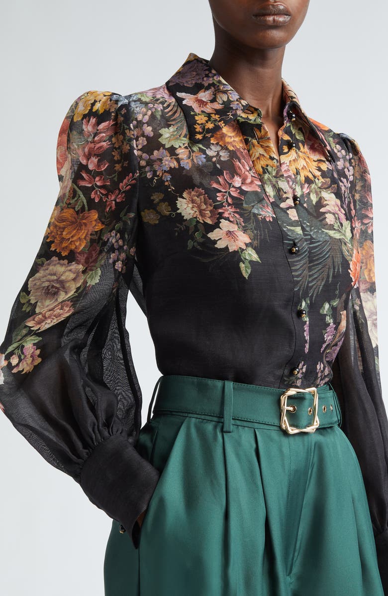 Zimmermann Pavilion Floral Linen & Silk Button-Up Shirt, Alternate, color,