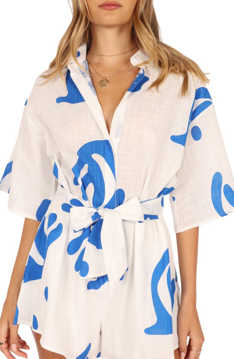 Petal & Pup Kellie Cotton Romper, Alternate, color, White/ Blue