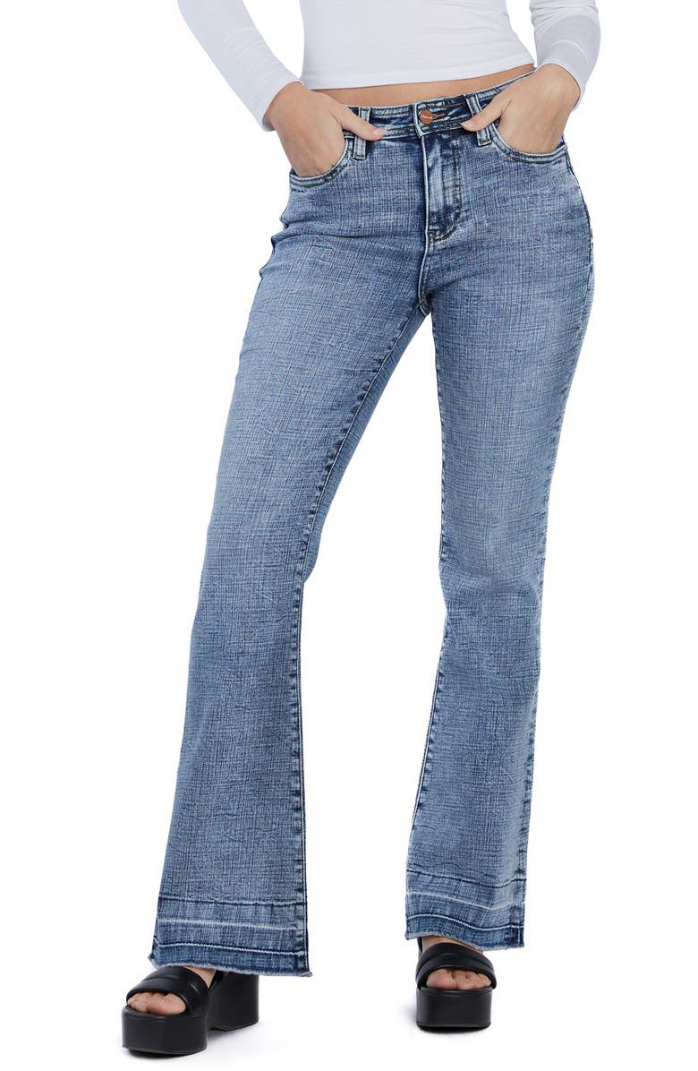 HINT OF BLU Release Hem Slim Flare Jeans, Main, color, World Traveler Blue
