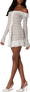 EDIKTED Lace Ruffle Off the Shoulder Long Sleeve Minidress