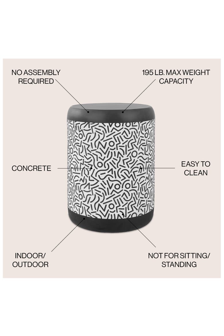 Indi Modern Geometric Concrete Drum Garden Stool, Indoor/Outdoor Weather-Resistant Patio Accent Side Table, Alternate, color, Black/White