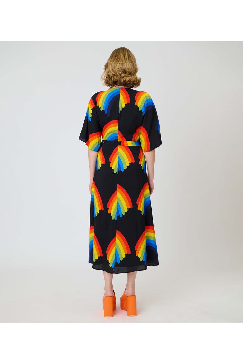 Tie Wrap Surplice Midi Dress, Alternate, color, Black w/ Rainbow Print