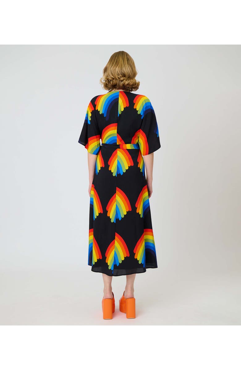 Unique Vintage Tie Wrap Surplice Midi Dress, Alternate, color, Black W/ Rainbow Print