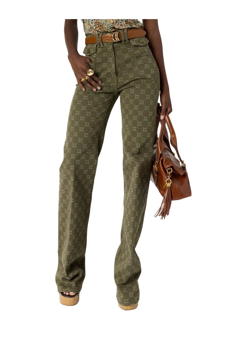 Anna Monogram Print Flared Jeans, Main, color, Khaki Green