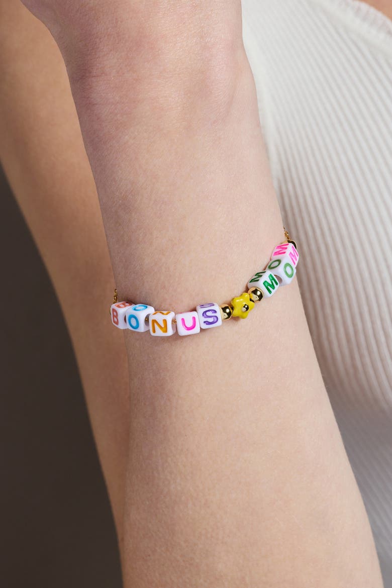 'Bonus Mom' Alphabet Bead Linear Bracelet, Alternate, color, Gold