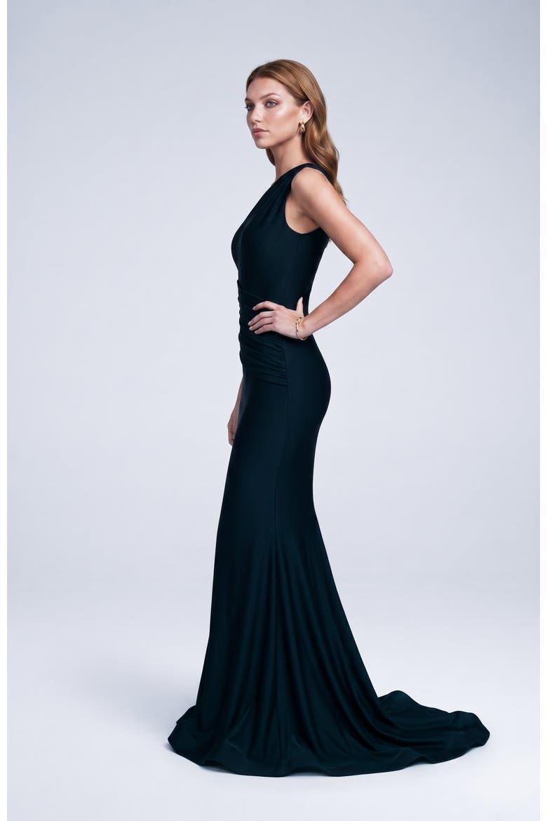 One Shoulder Ruched Mermaid Evening Gown, Alternate, color, Black