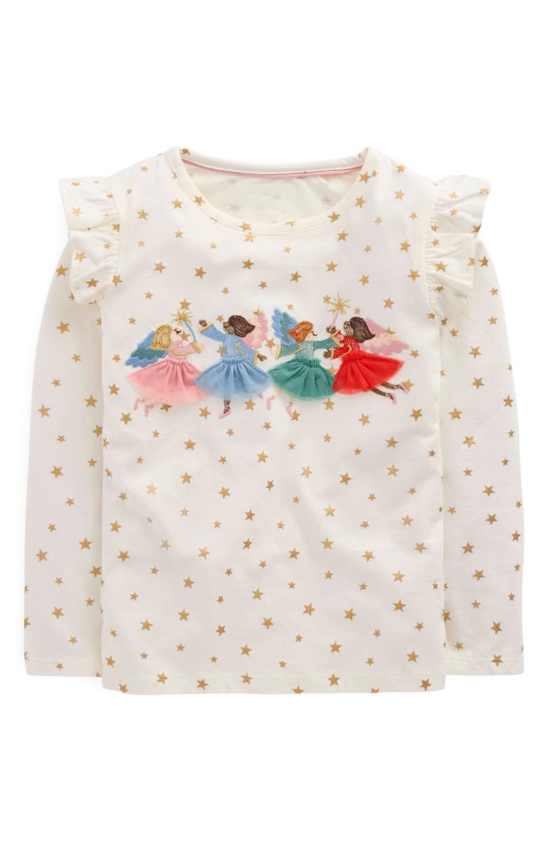 Mini Boden Kids' Frill Sleeve Appliqué T-Shirt, Main, color, Ivory Fairies