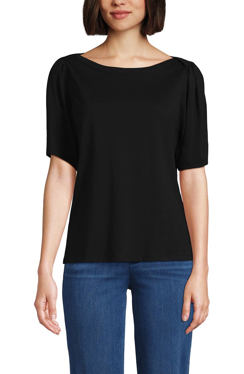 Lands' End Elbow Sleeve Supima Cotton Boatneck T-Shirt, Alternate, color, Black