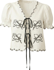 Modenaire Puff Sleeve Embroidered Front Tie Blouse