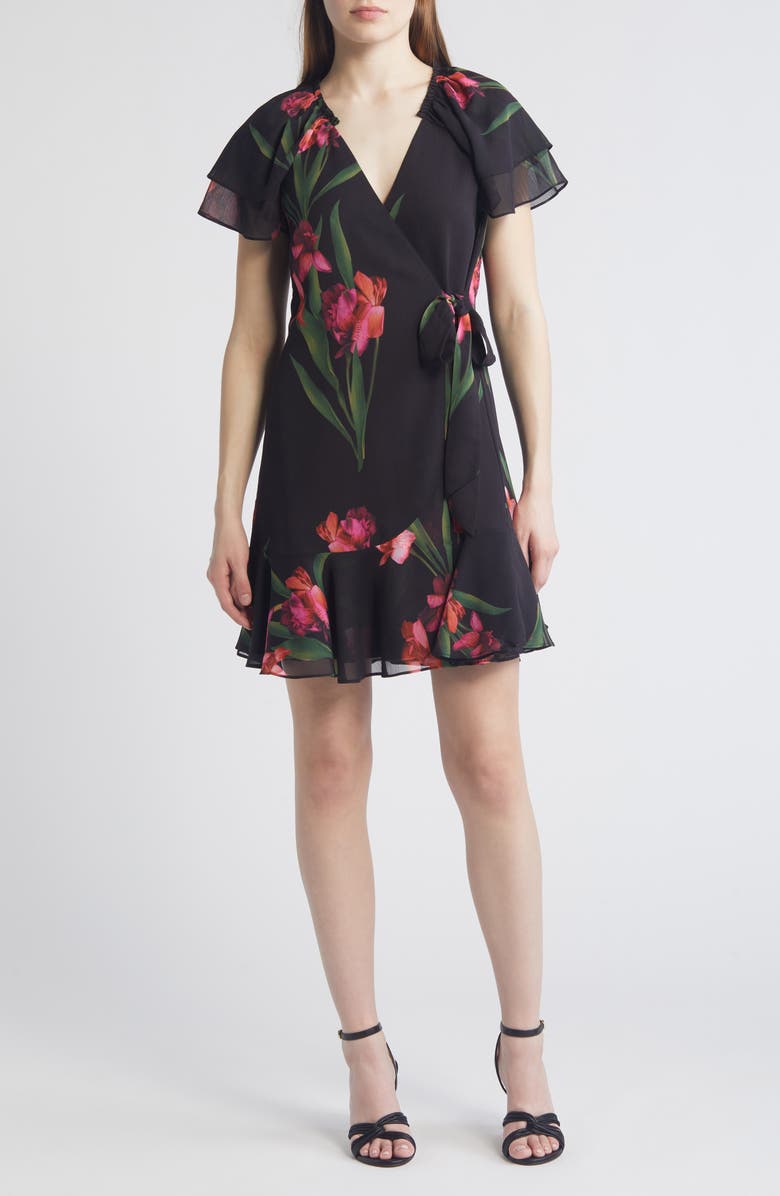 Ted Baker London Fasnia Floral Wrap Minidress, Main, color, Black