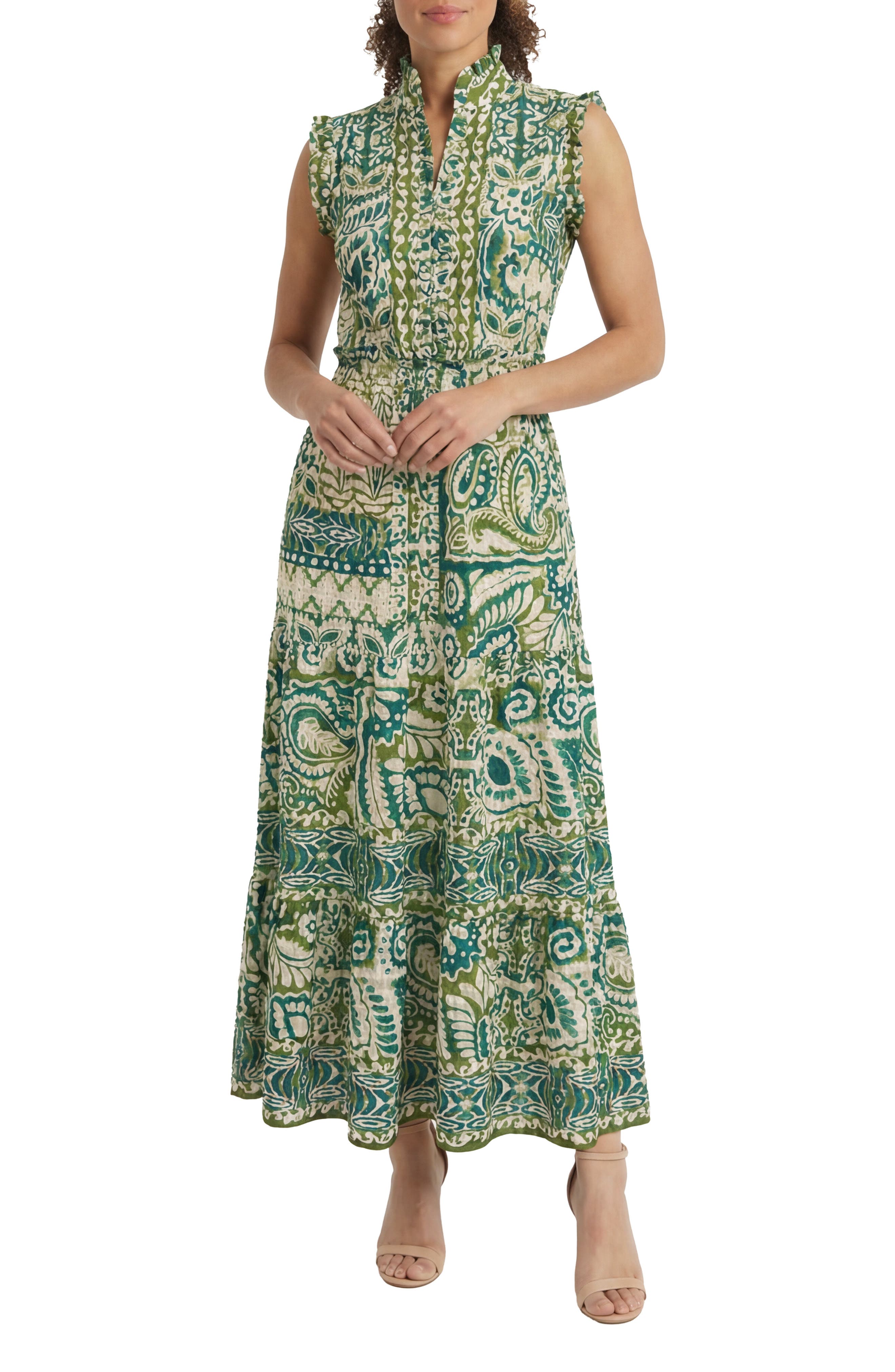 London Times Ruffle Trim Smocked Waist Maxi Dress