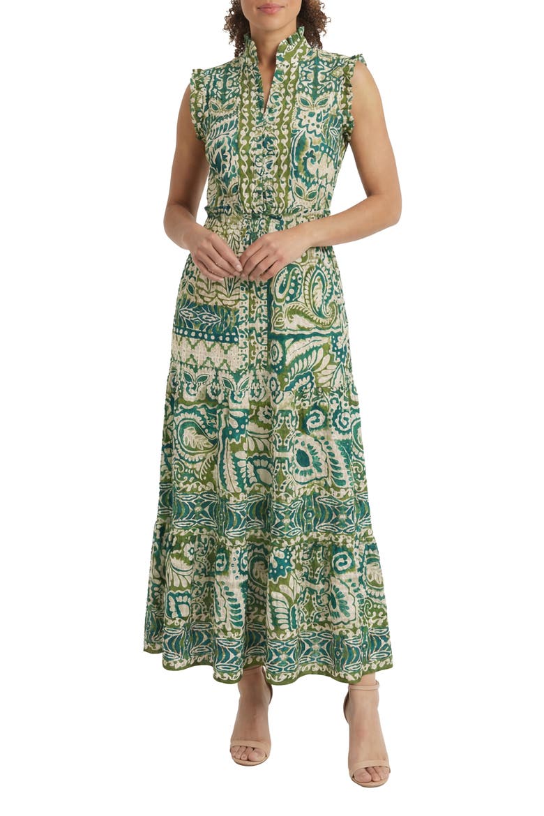 Ruffle Trim Smocked Waist Maxi Dress, Main, color, EGGNOG/ PESTO