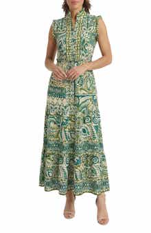 London Times Ruffle Trim Smocked Waist Maxi Dress
