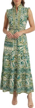 London Times Ruffle Trim Smocked Waist Maxi Dress