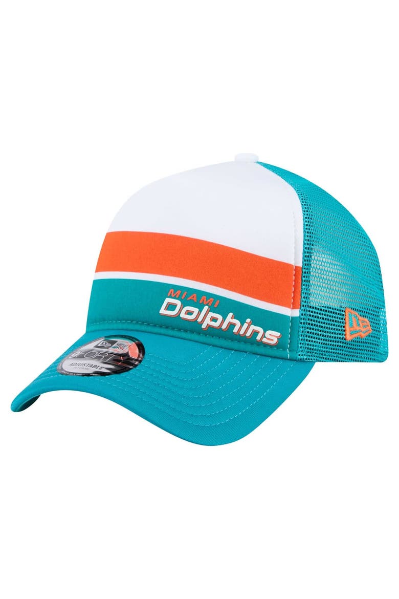 Men's New Era White/Aqua Miami Dolphins Color-Block 9FORTY A-Frame Trucker Adjustable Hat, Main, color, White