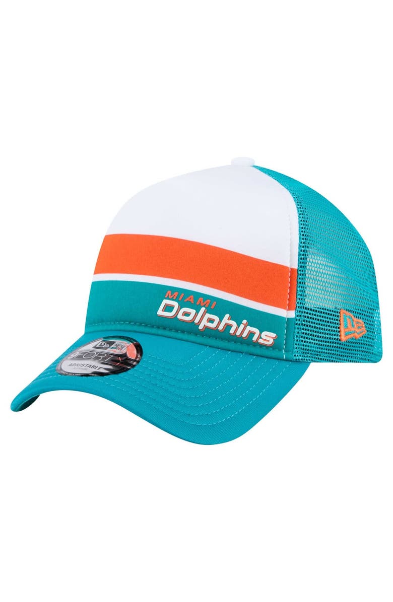 New Era Men's New Era White/Aqua Miami Dolphins Color-Block 9FORTY A-Frame Trucker Adjustable Hat, Main, color, White