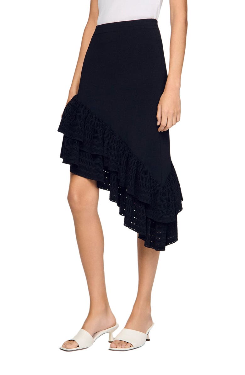 SANDRO Asymmetrical knit skirt, Alternate, color, Black