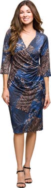 24seven Comfort Apparel Three Quarter Sleeve Faux Wrap Dress in Animal Print