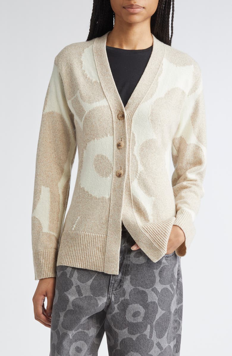 Marimekko Kumma Unikko Floral Wool Cardigan, Main, color, Beige, Off White