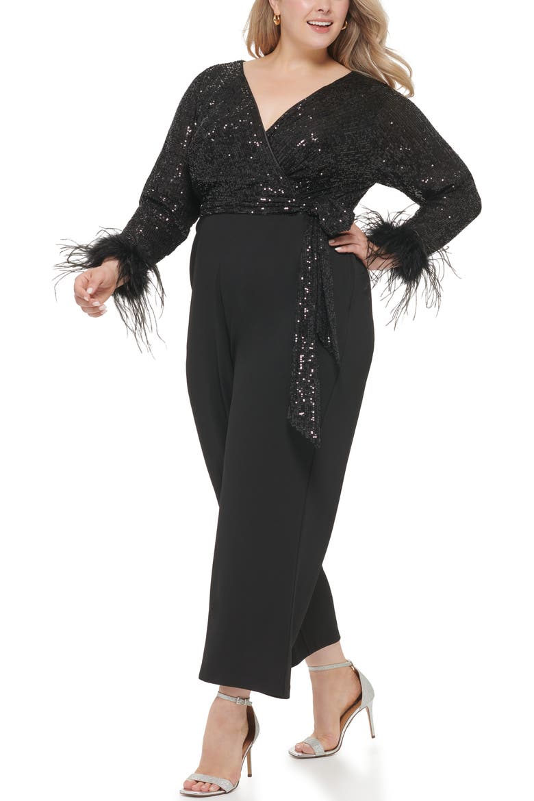 Sequin V-Neck Combo Jumpsuit with Feather Cuffs, Alternate, color, BLK