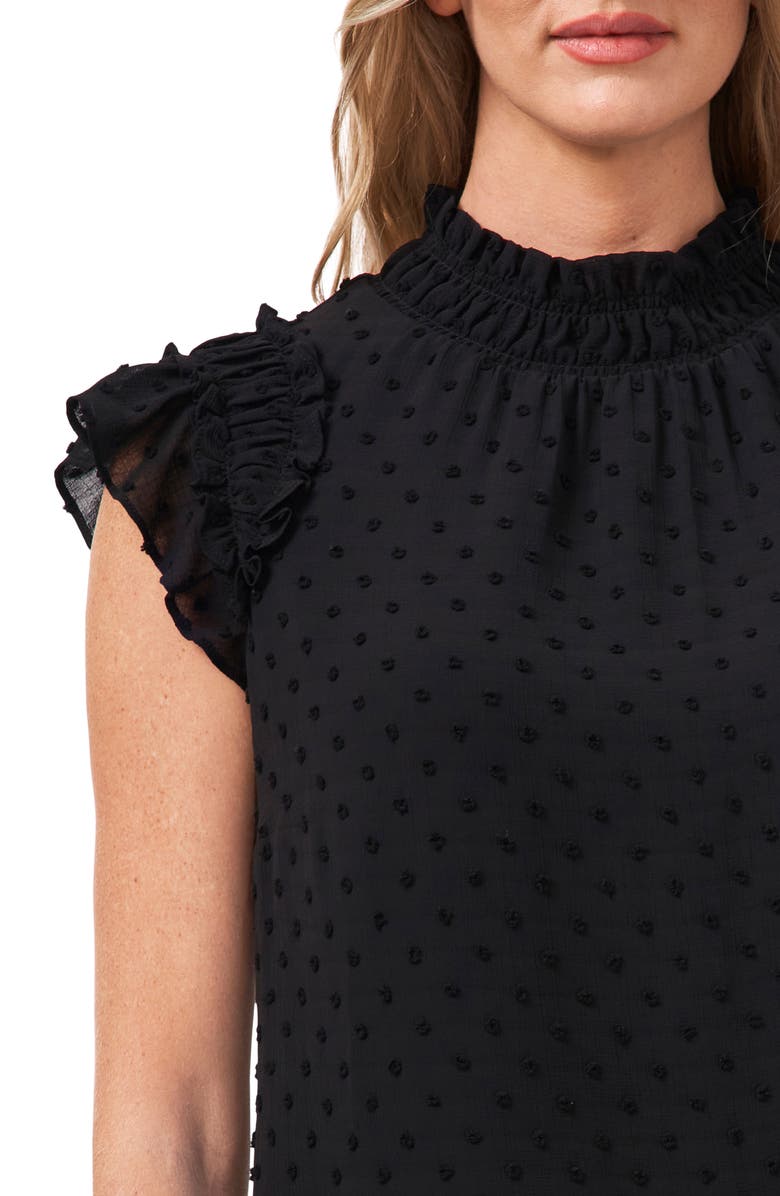 CeCe Clip Dot Ruffle Mock Neck Crepe Top, Alternate, color, 