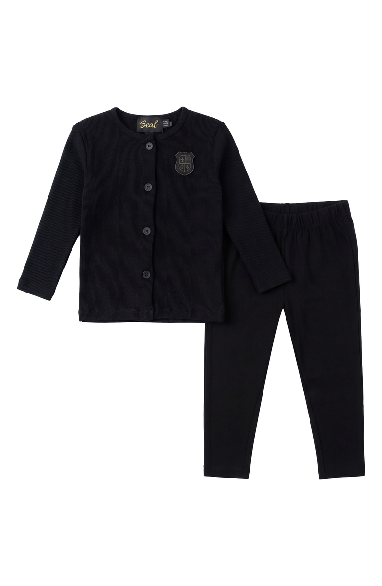Seal Ribbed Button Down Scallop Neckline Shield Emblem Top and Pants Set, Main, color, Black